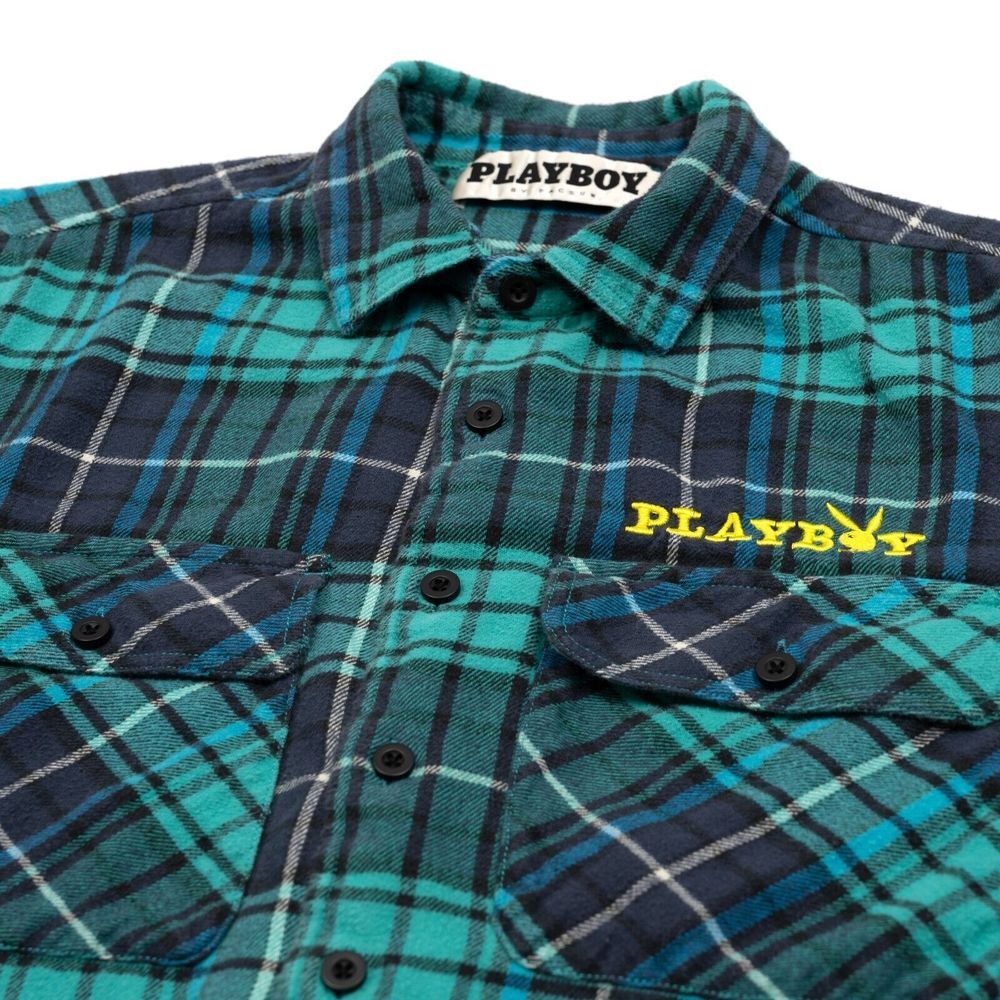 Playboy Pacsun‎ Flannel Shirt Men's Small Green Blue Plaid Button Long Sleeve
